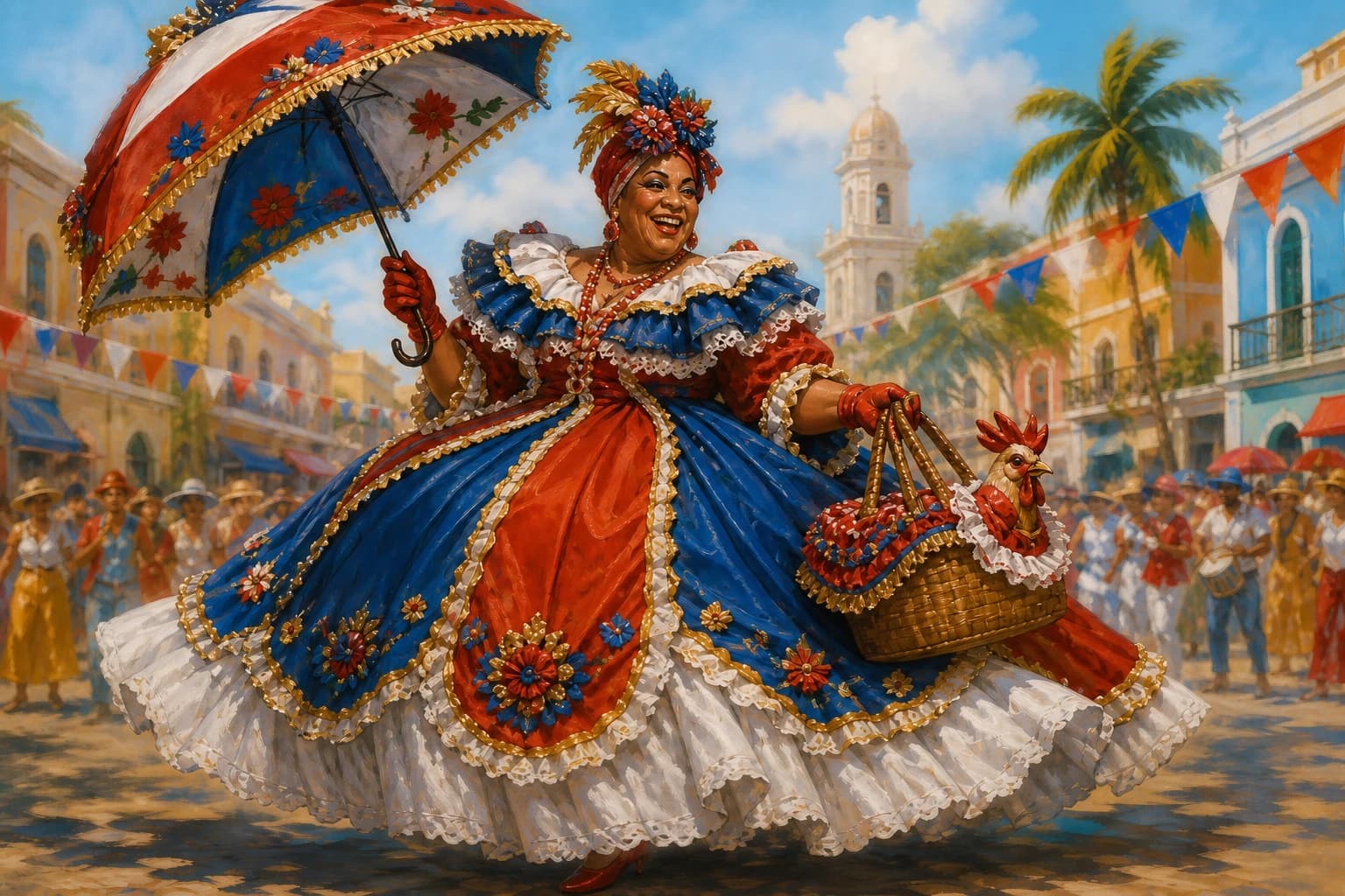 Editorial illustration of the colorful Roba La Gallina Carnaval character
