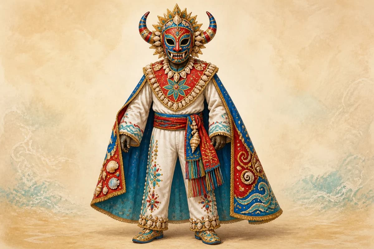 Editorial illustration of a Puerto Plata Taimáscaro in an ornate mask, cape, and seashell-trimmed costume